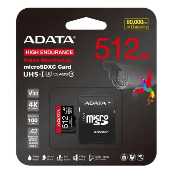 MEMORIA MICRO SDXC 512GB ADATA HIGH ENDURANCE CON ADAPTADOR PARA VIGILANCIA AUSDX512GUI3V30SHA2-RA1