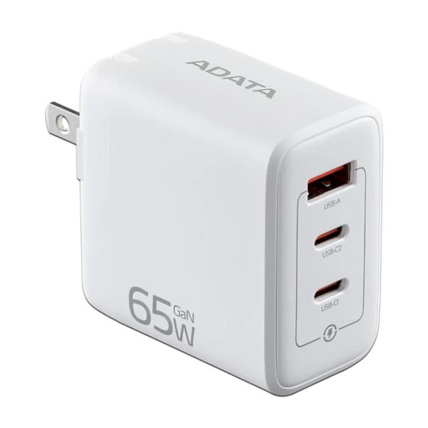 CARGADOR DE PARED ADATA CHARGERU-0653-QCPDWH 65W 2 PUERTOS USB-C Y 1 PUERTO USB-A CARGA RAPIDA
